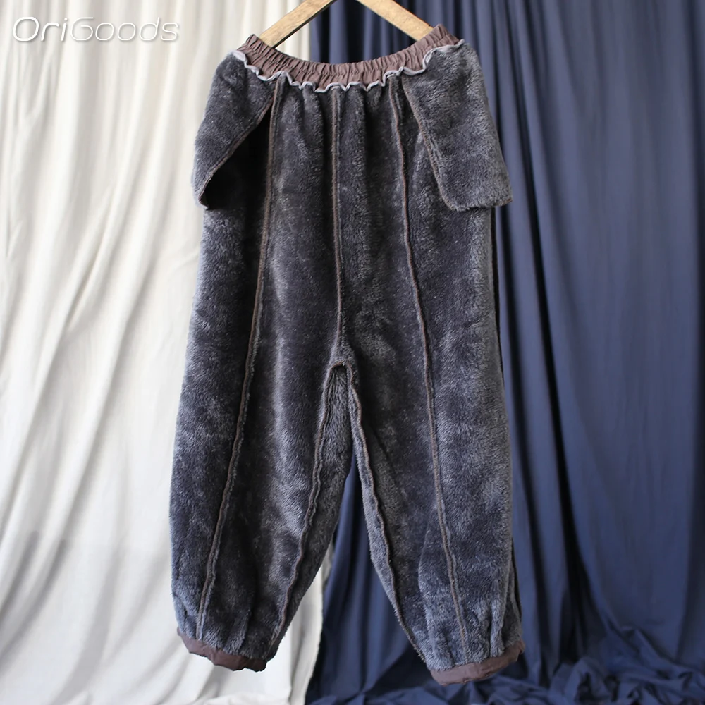 Женские зимние штаны из хлопка и льна X098 свободные утепленные флисовые брюки с