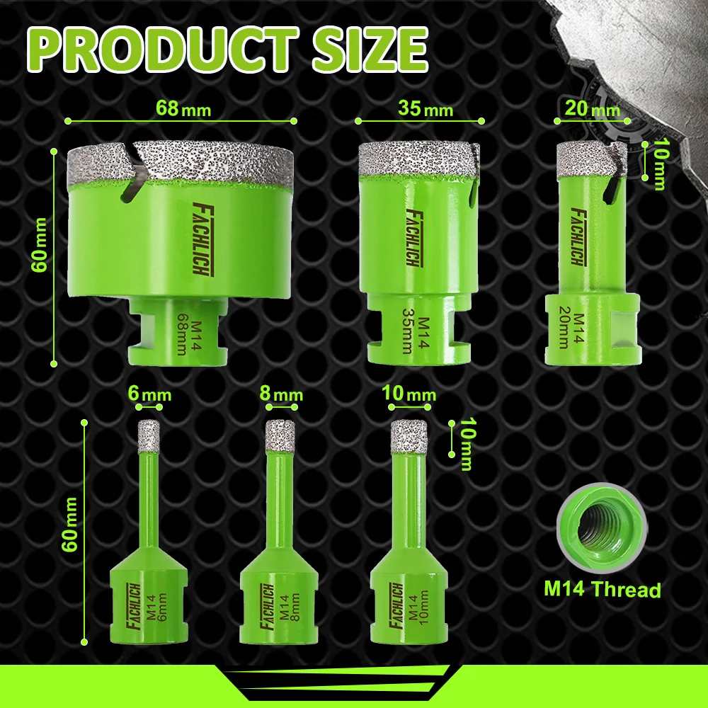 

Комплект алмазных корончатых коронок FACHLICH для сухого сверления 6-68 мм