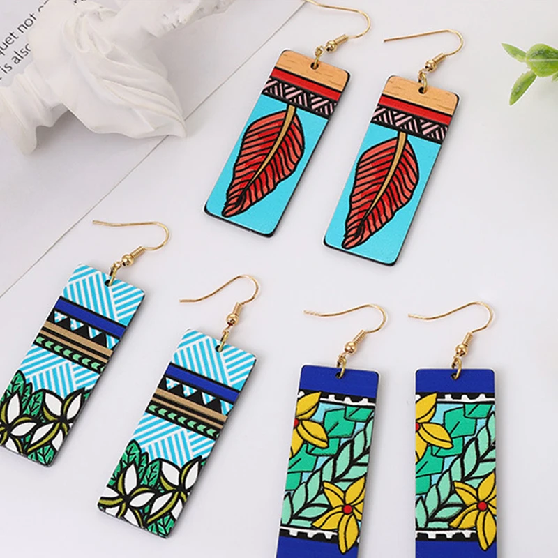 

Hot Square Earrings Fresh Leaves Holiday Style Earrings Geometric Religious Vintage Earhook Gift Wholesale