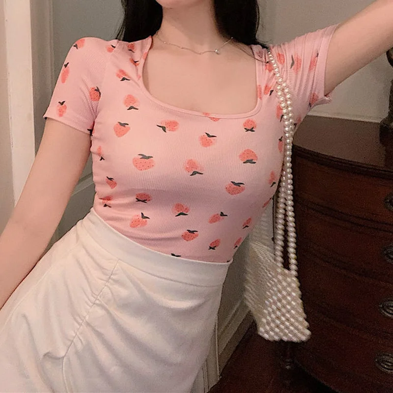 

Kawaii Strawberry Cute Tops Summer Clothes for Women Pink Short Sleeve Tees Bodys Oversized Graphic Streetwear T Shirts Japanese