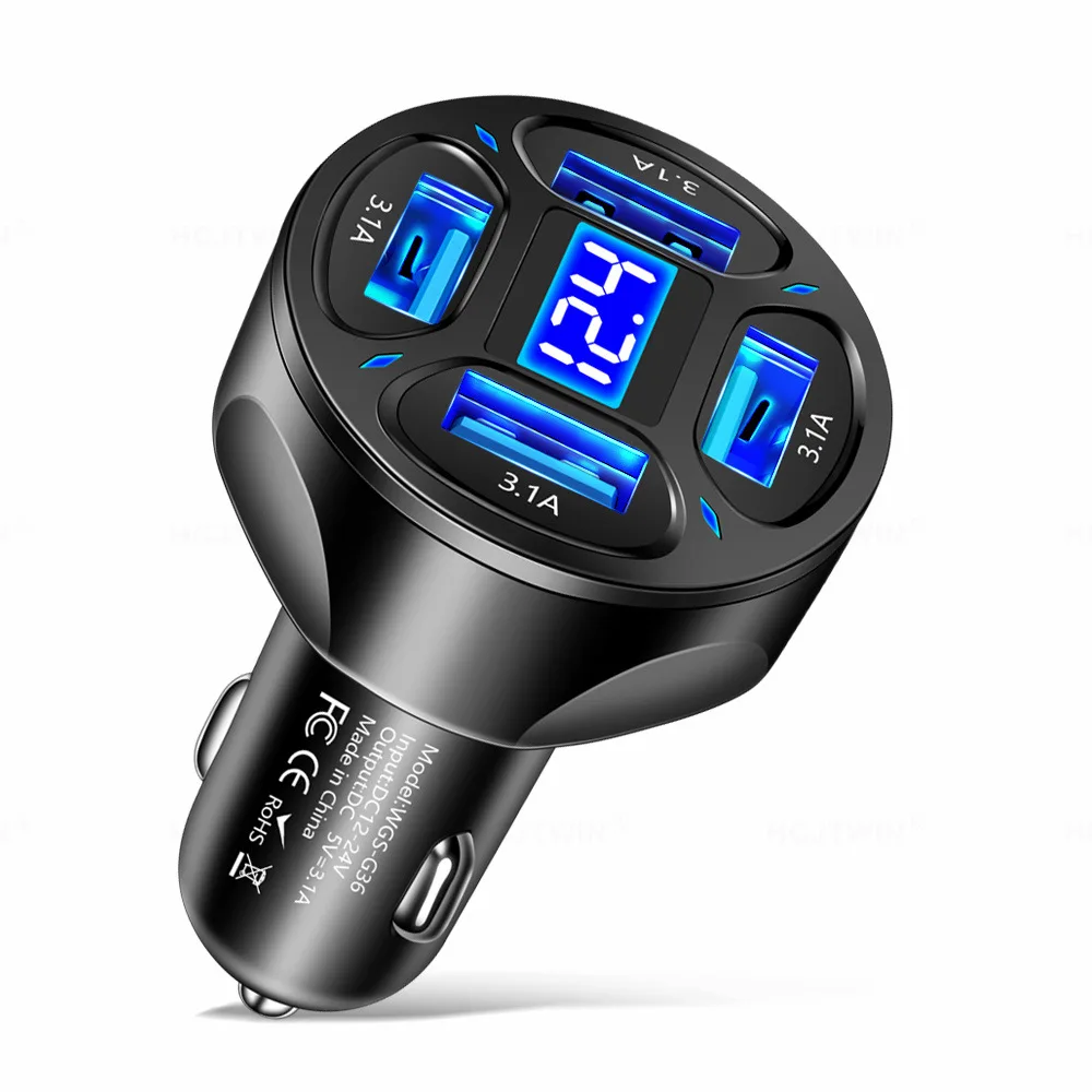 

3.1A Four-in-one Digital Display Car Charger 4 Ports with Voltage Car Charger One Tow Four Ports Car Charger