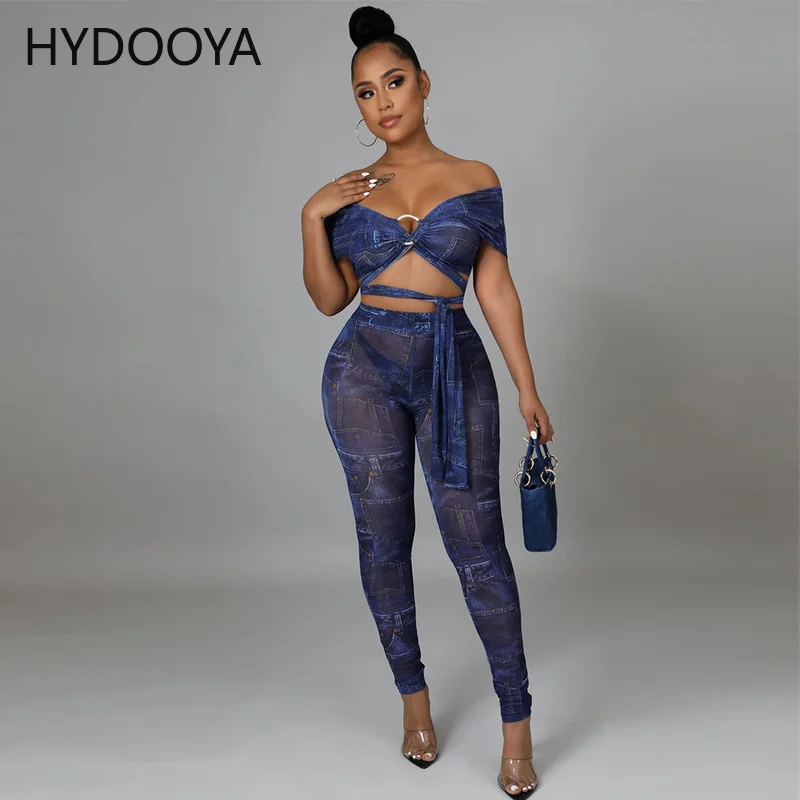 

Sexy Mesh See Through Print Two Piece Set Strapless Lace Up Sleeveless Crop Top+Bodycon Pants Suits Clubwear Party Women Outfits
