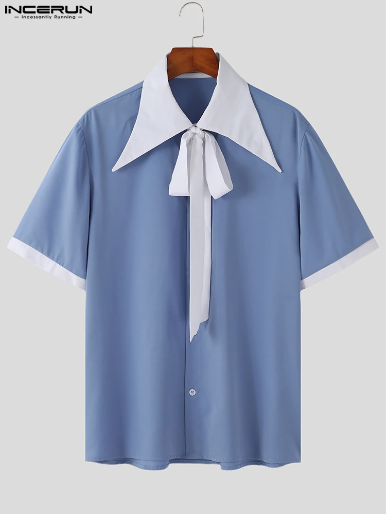 Handsome Well Fitting Tops INCERUN Men Fashion Triangle Collar Blouse Casual Streetwear Male Color-blocking Sleeve Shirts S-5XL