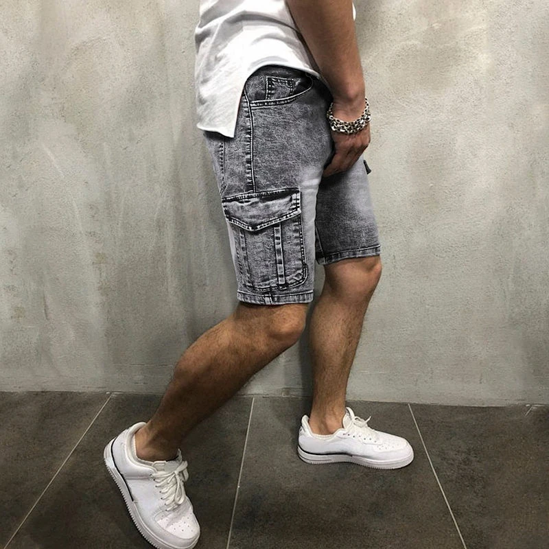 New Men's Double Pocket Washed Gray Denim Shorts Men's Summer Jeans
