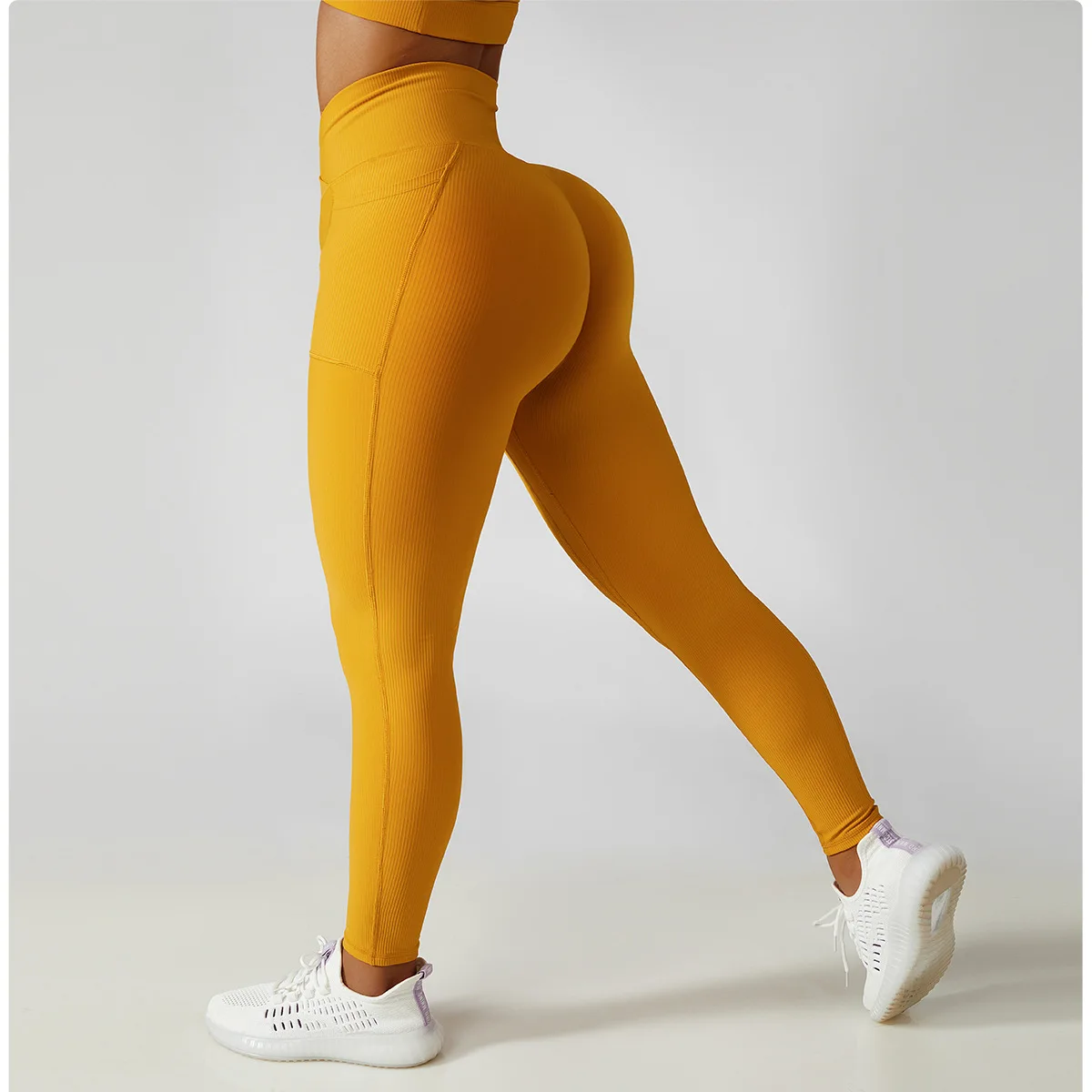 CUTIES Seamless Crossover Fitness Leggings Women Pockets Yoga Pants High Waist Gym Leggins 2022 Rib Workout Sport Tights Outfits