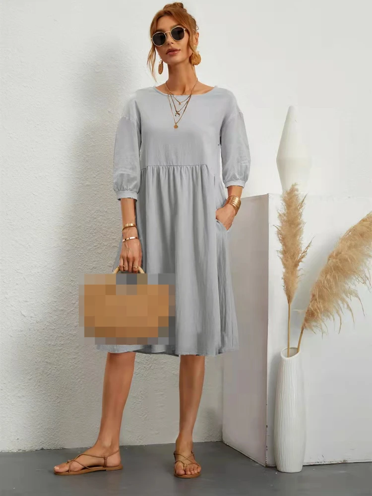 

New Fashion Women's Dress Solid Color Round Neck Lantern Sleeve Leisure Splicing Vestido Casual Party Dress for Women 2023