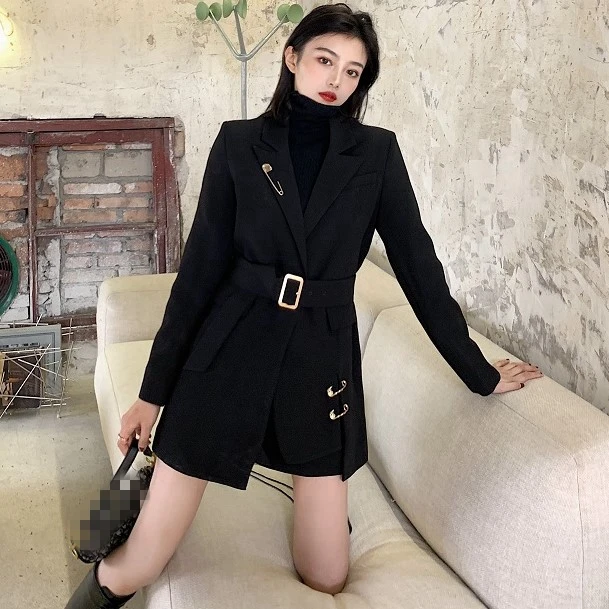 2022 New Solid Color Women Work Blazer Jacket Casual Sashes Loose Suit Jackets Female Oversized Blazer Women Waistband Outwear