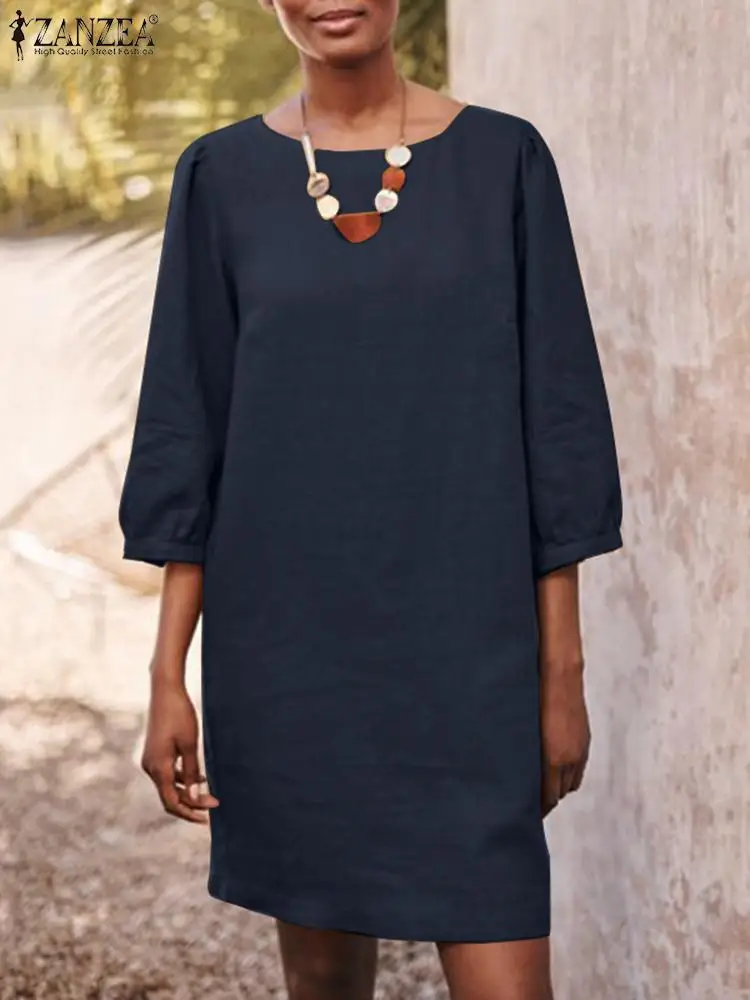 

Женский элегантный сарафан ZANZEA, модное летнее однотонное платье до колен с круглым вырезом, повседневные свободные офисные вечерние платья...