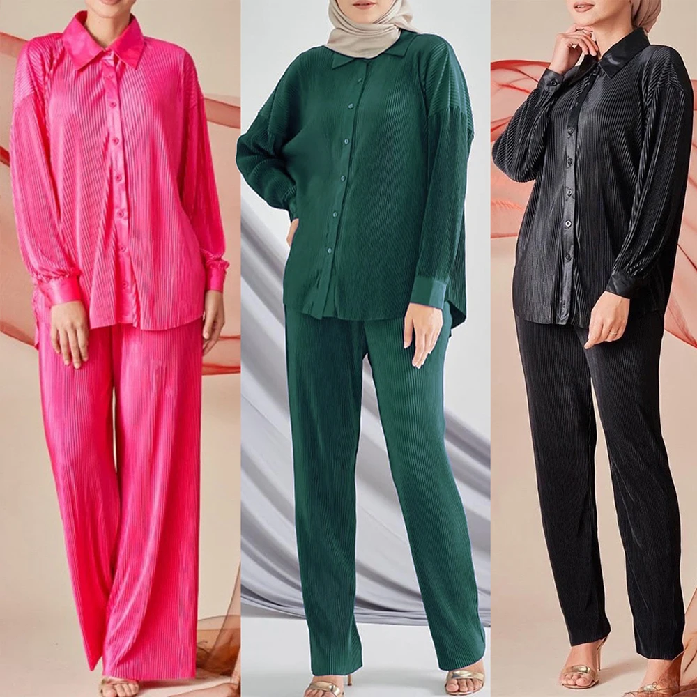Muslim Fashion Set Dubai Travel Turkey Morocco Abaya Casual Women's Dress Malaysia Indonesia Dress Set Pleated Pants Set Dresses
