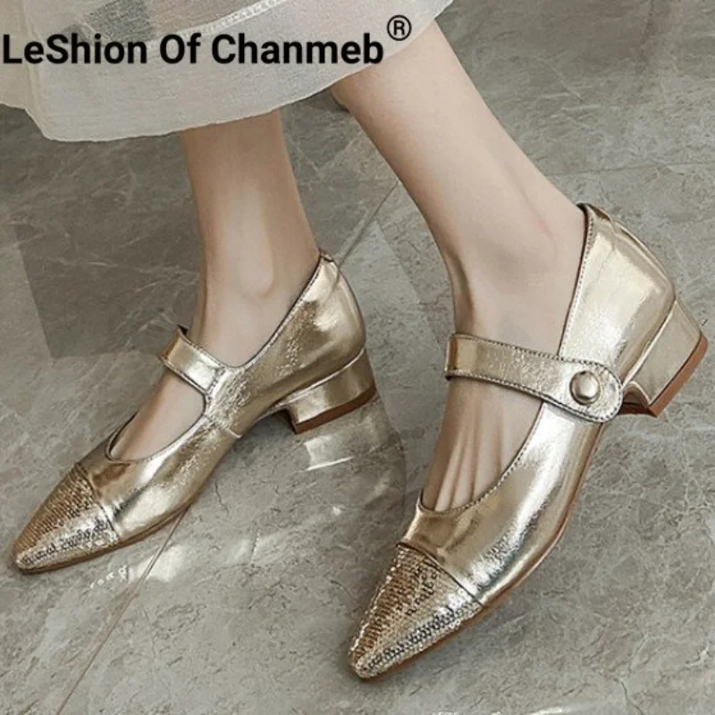 

LeShion Of Chanmeb Women Glitter Mary Janes Shoes Designer Metallic Gold Silver Thick Low Heeled Pumps Button Stylish Shoe Woman