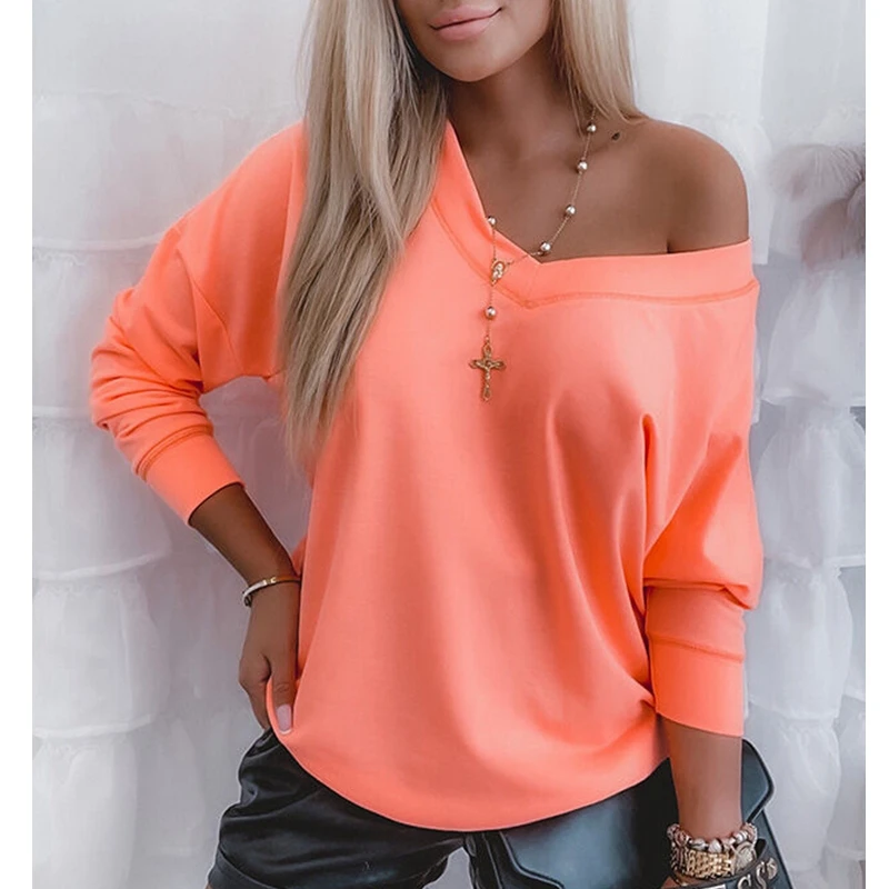 

Женская футболка с длинным рукавом и V-образным вырезом, свободного покроя