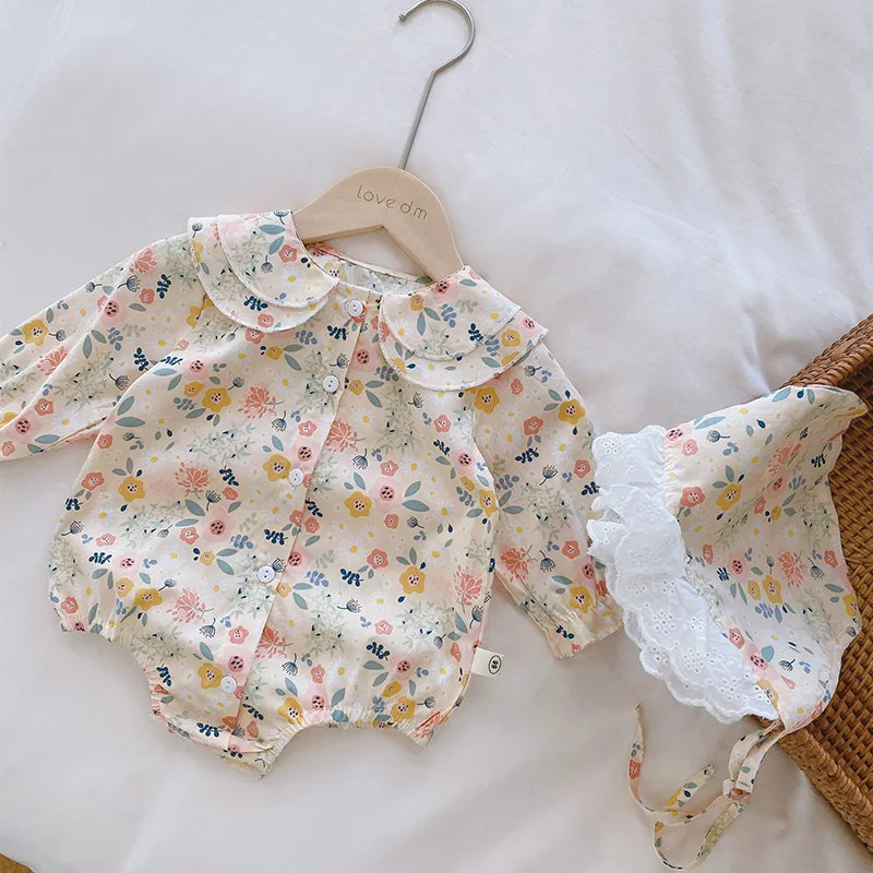 

2Pcs Ruffle Cute Baby Romper With Hat Set Infant Toddler Vintage Floral Long Sleeve Jumpsuit Baby Girl Sweet Clothes 0-24M