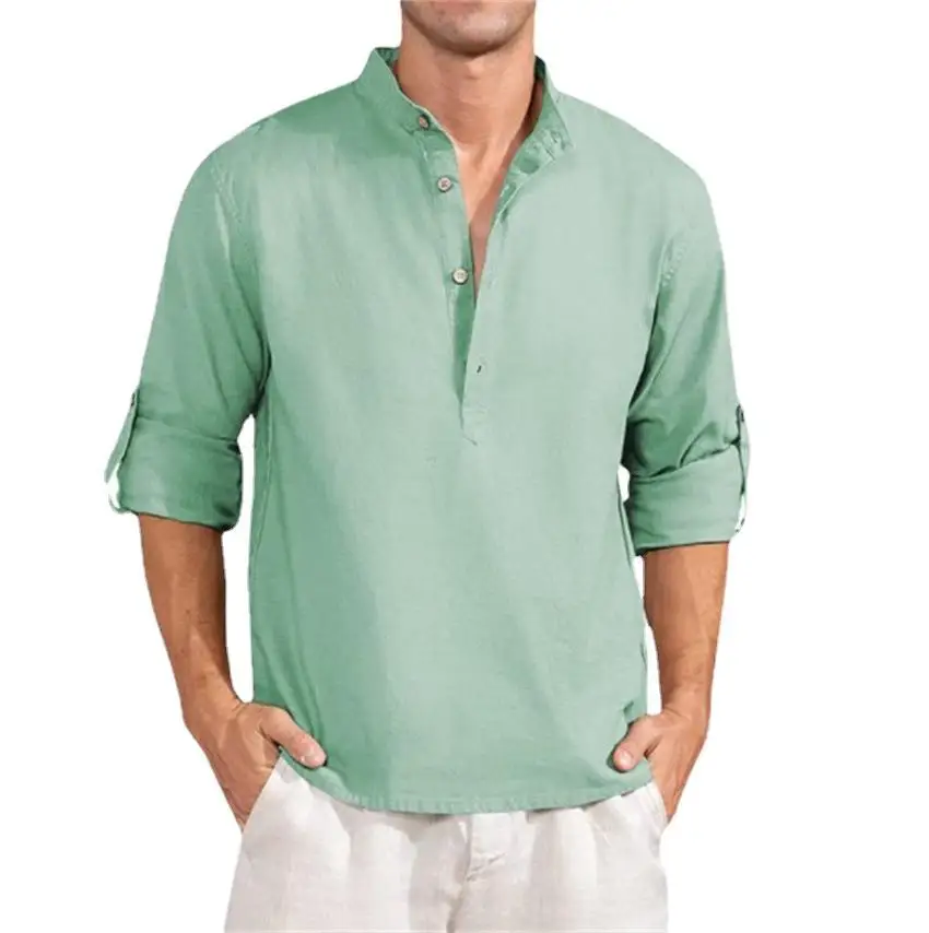 2022 button Men's Summer Linen Cardigan Tops Solid Color Casual Stand Collar Long Sleeve Shirts Plus Size