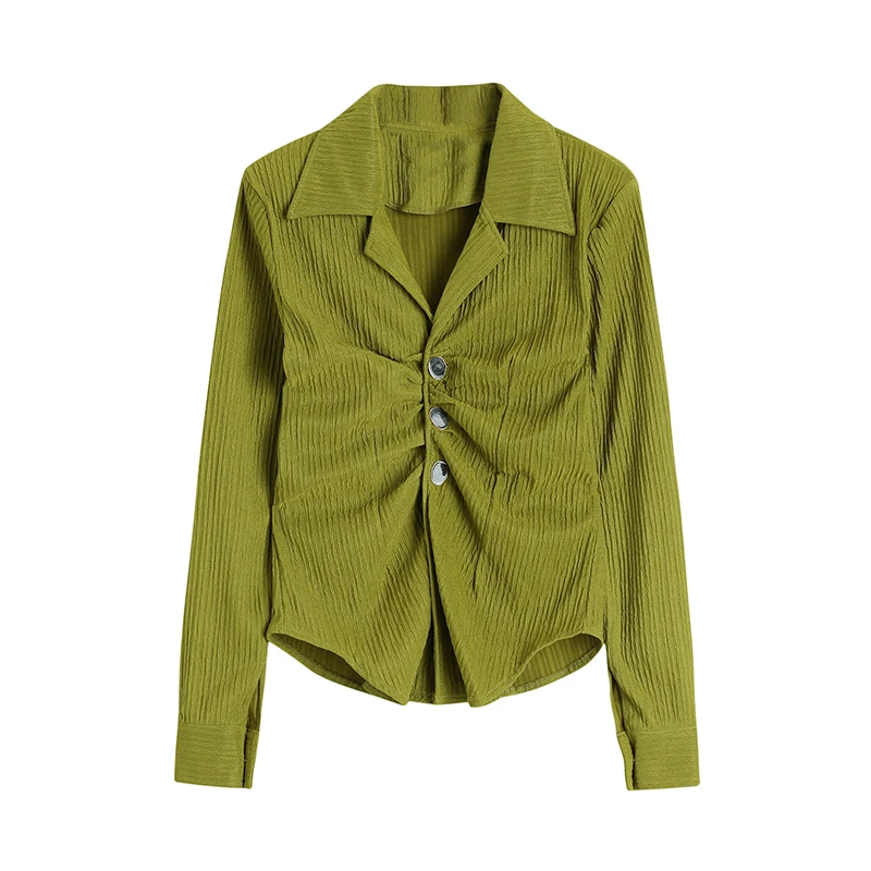 

Плиссированная Повседневная рубашка с длинным рукавом, женская одежда, пальто на пуговицах с отложным воротником, Женские однотонные свобо...