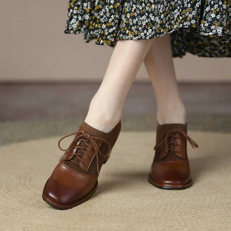 

2023 Autumn Retro Knitted Slim British Leather Shoes Square Toe Lace-up Deep Mouth Single Shoe Thick Heel High Heels Women