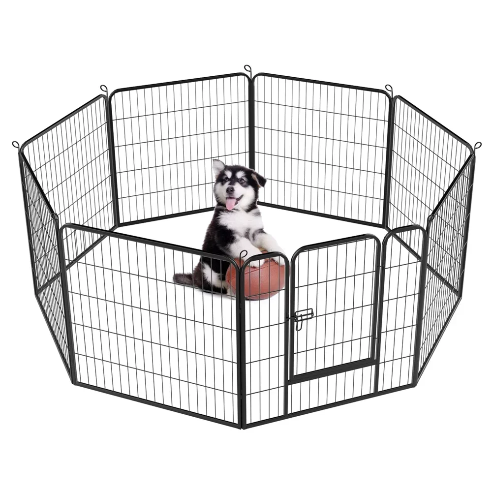 

32"H Heavy Duty Black Iron Dog Playpen, 8 Panels Dog Houses, Kennels