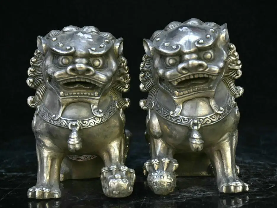 

5.2" Old Chinese Silver Feng Shui Foo Fu Dog Guardion Lion Ball Statue Pair