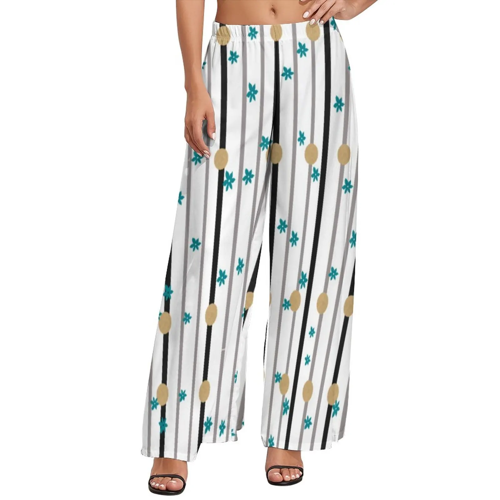 

Classic Polka Dots And Stripes Pants Elastic High Waist Black Lines Office Trousers Harajuku Custom Wide Leg Pants