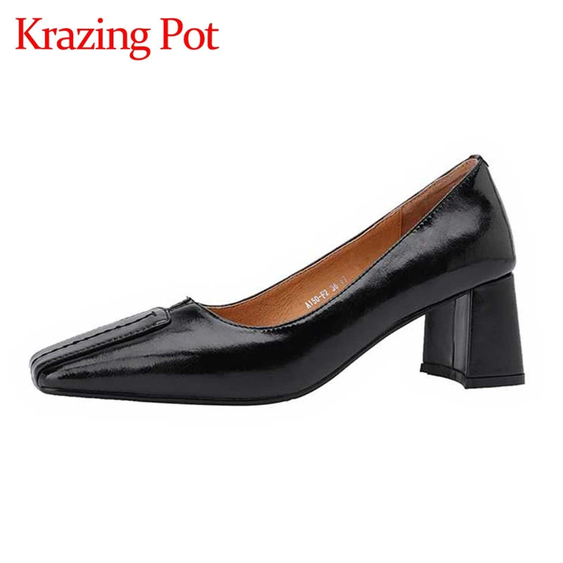 

Krazing Pot big size genuine leather sqaure toe high heels retro fashion young lady dress solid slip on brand women pumps L75