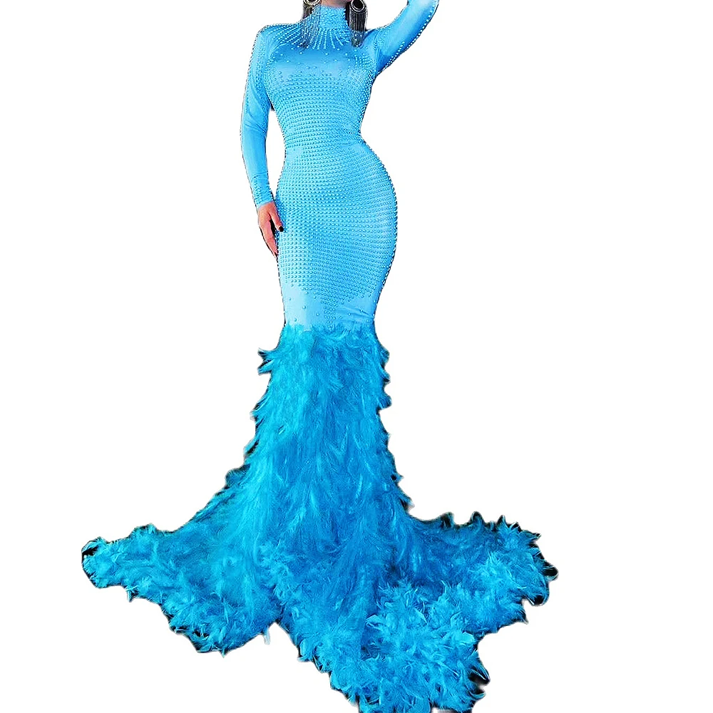 

Blue Shining Rhinestones High Neck Female Fashion Sexy Dress Feathers Evening Banquet Stage Costume Party Drag Queen Clothing