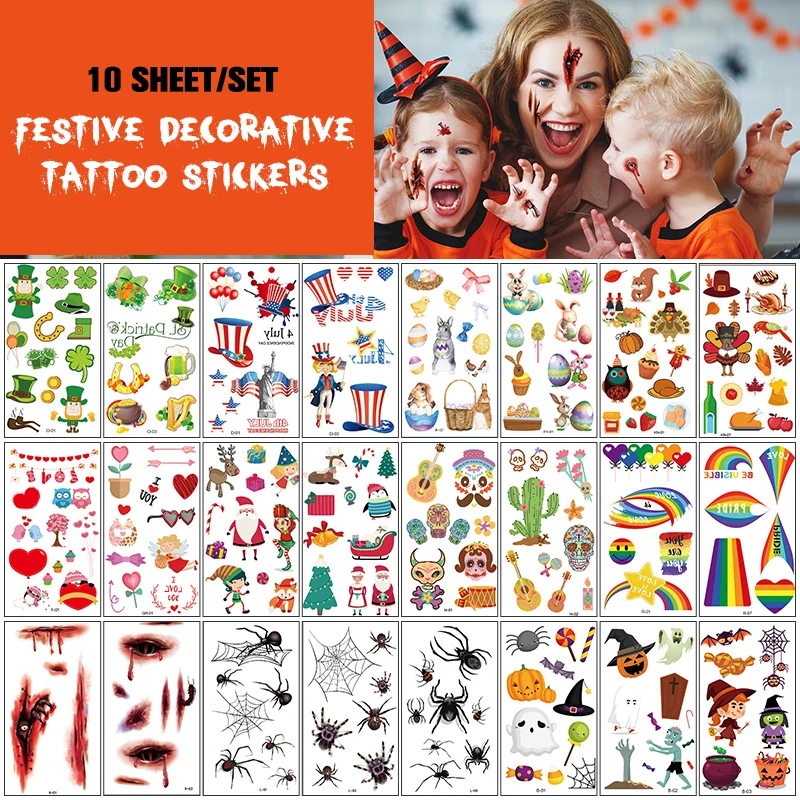 

10 шт., декоративные наклейки для татуировок на Хэллоуин