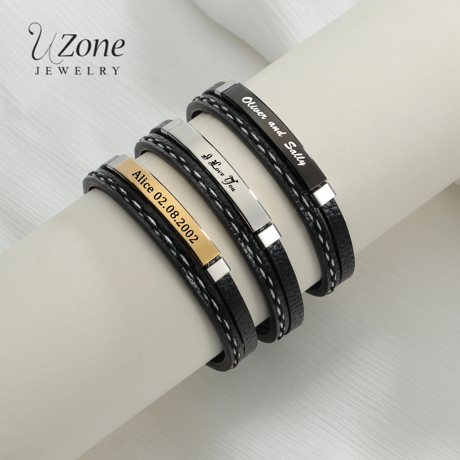 

Uzone Customize Bracelet Engrave Name Date Text New Stainless Steel Leather Chain Bangle for Men Women Personalized Gift Jewelry