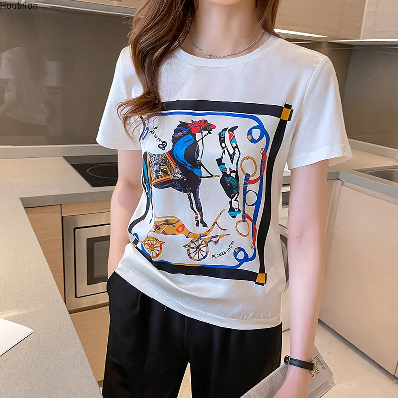 

Women's T-shirt Printing O-neck Tees Fashion Short Sleeve Top Casual Nylon Cotton Loose Movafag