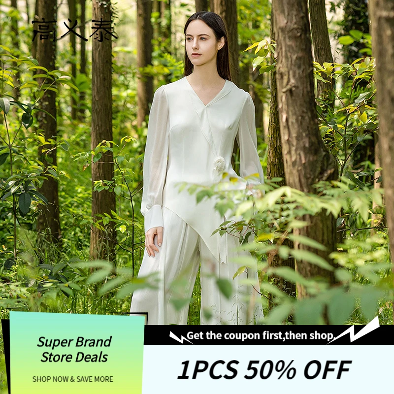 

40 Momme Heavyweight Silk V-neck Georgette Silk Puff Long-sleeved Plain White Tops T-shirt Spring Summer Woman Tshirts BY226