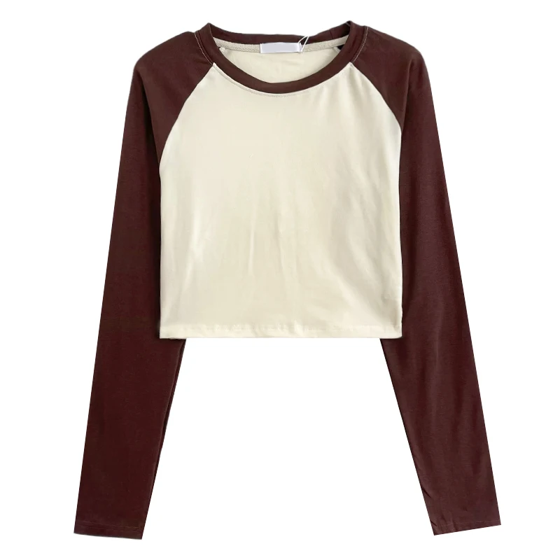 

Retro Lazy Wind Simple Casual Contrast Color Stitching Raglan Sleeve Short Small Long Sleeve T-Shirt
