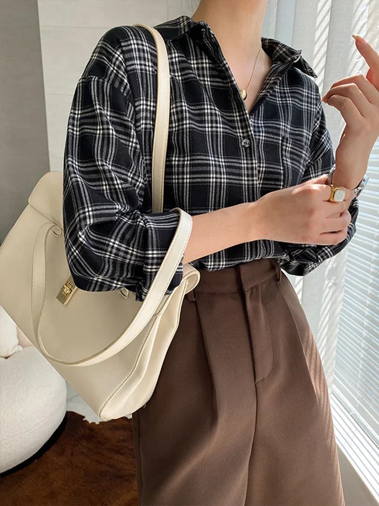 Женская Толстая Блузка в клетку черная элегантная Свободная рубашка с отложным