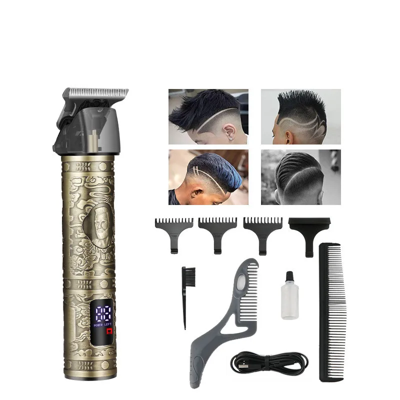 Машинка для стрижки волос мужская с ЖК-дисплеем, винтажная перезаряжаемая машинка T-образной формы для парикмахера, триммер с щеткой, Usb