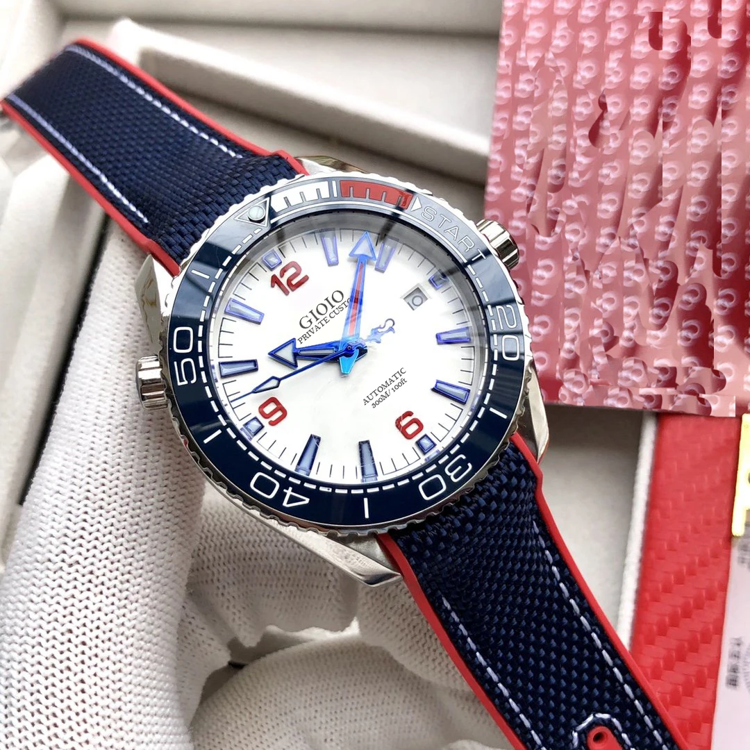 

Automatic Mechanical Watch Mens Canvas Rubber Blue Red Ceramic