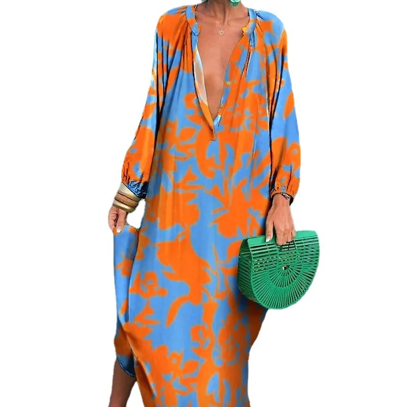 

Женские Элегантные Платья с цветочным принтом, весенне-летние повседневные пляжные платья а-силуэта с V-образным вырезом, длинным рукавом и ...