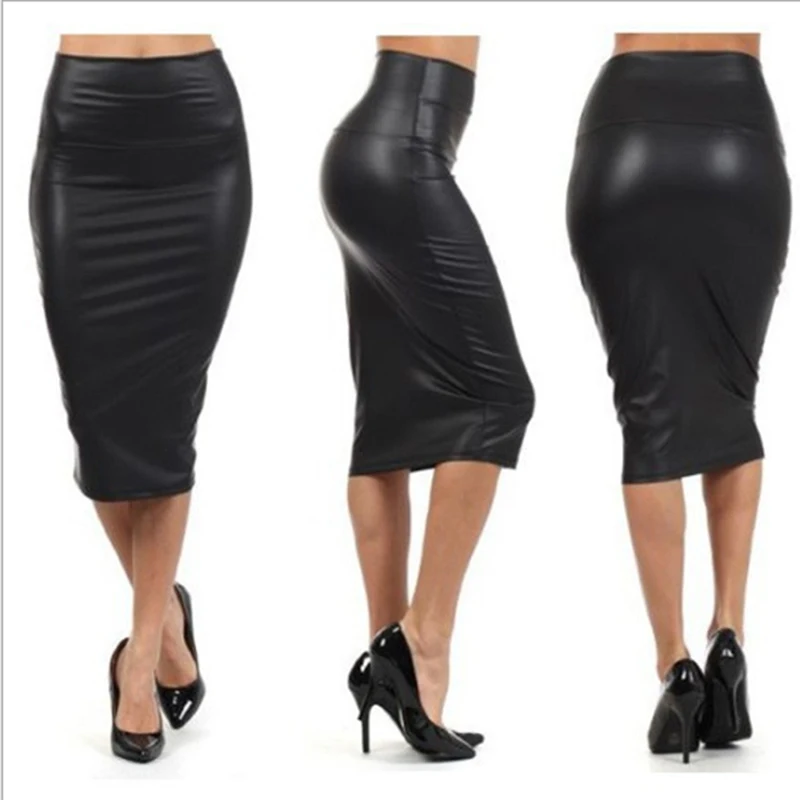 

Women Bodycon Skirt High Waist Faux Leather Pencil Skirt Solid Coloe Sexy Ol Office Skirts Pencil Skirt Knee Length