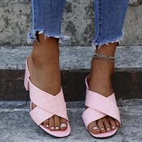 runway style summer weave women slippers fashion thick high heels gladiator sandals outdoor beach slides ladies mules shoes