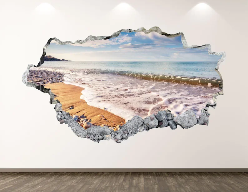 

Beach Wall Decal - Ocean Sand 3D Smashed Wall Art Sticker Kids Room Decor Vinyl Home Poster Custom Gift KD170