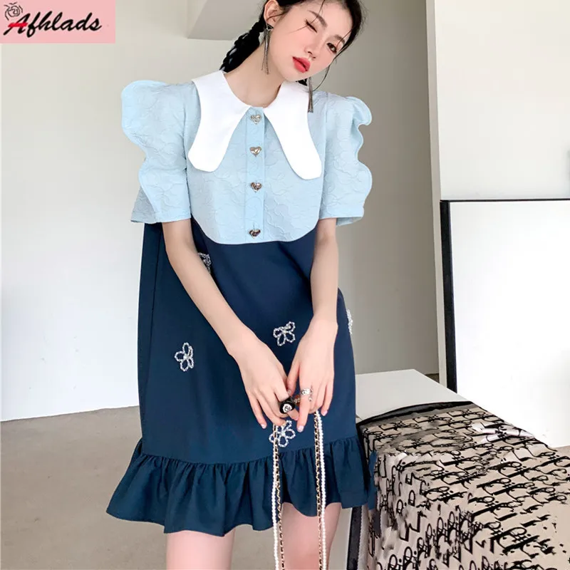 

Patchwork Contrast Lace Ruffle Dress Women's Summer Design Asymmetrical Peter Pan Collar Single Breasted Loose Vestidos