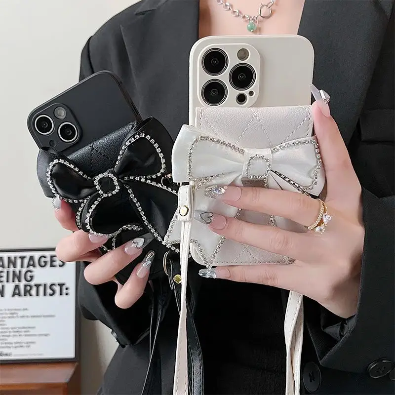 

Luxury Bowknot Leather Cover for iPhone 14 13 12 11 Pro XS Max XR X 7 8 Plus SE 2 3 Card Slot Lanyard Strap Crossbody Phone Case