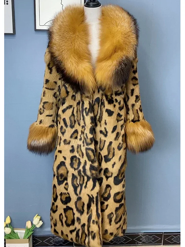 

Women Real Rabbit Fur Leopard Print Coats with Fox Lapel Collar Natural Whole Skin Genuine Fur Long Jackets Overcoat Winter 2023