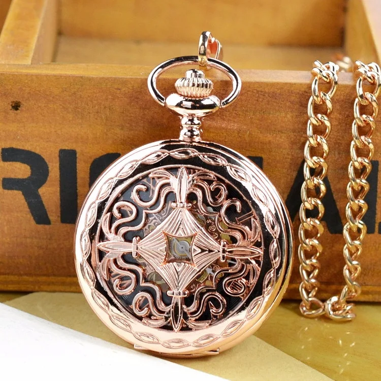 Luxury Mechanical Black Pocket Watch for Men Women Hollow Skeleton Dial Roman Dial Fob Chain Pendant Clock for Collection Gift