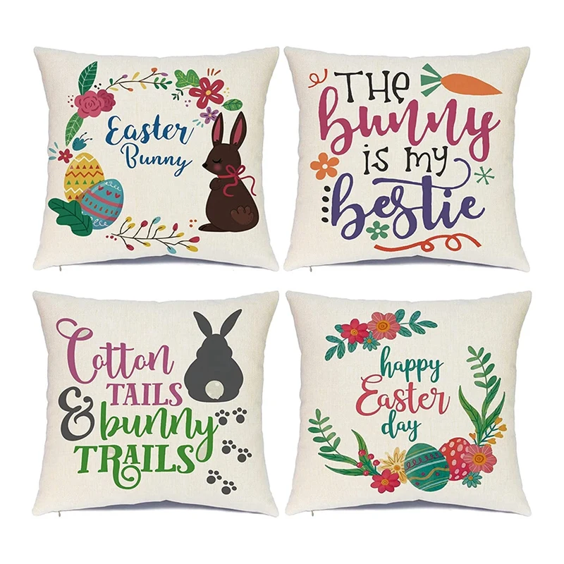 

Easter Pillow Covers 18X18in Set Of 4 Easter Pillow Case Rabbit Bunnies With Eggs Canvas, Linen Throw Pillows Covers