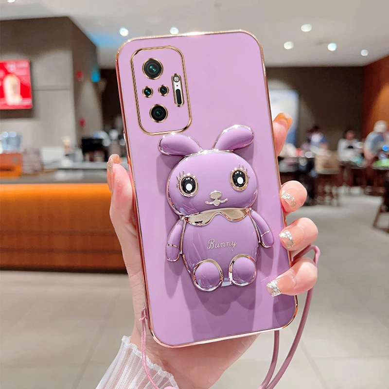 Cute Cartoon Rabbit Fold Stand For Xiaomi Redmi Note 10 Pro Max Phone Case With Lanyard Luxury Plating Cover