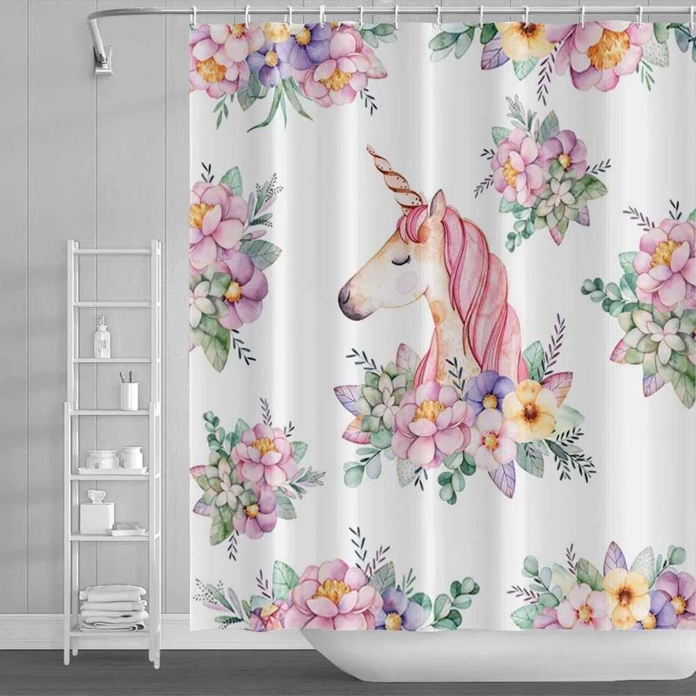 

Pink Unicorn Shower Curtain Flower Plant Green Leaf Design Pattern Waterproof Fabric Bath Curtains with Hooks Bathroom Screens