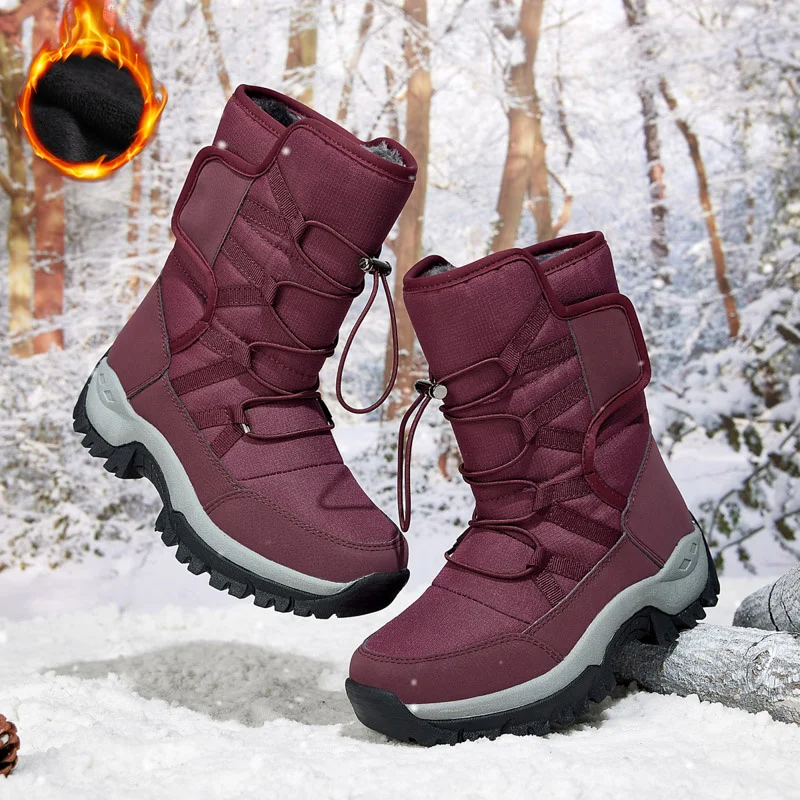

Red Snow Boots Women Platform Keep Warm Ankle Boots Ladies Lace-up Comfortable Cotton Winter Shoes Female Booties Botas Mujer