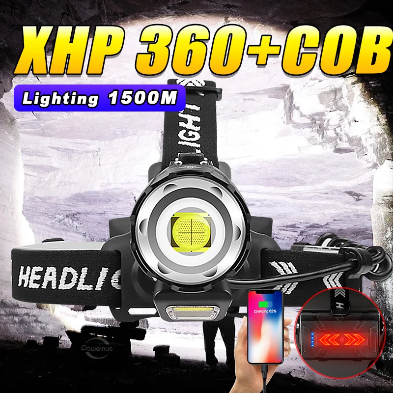 

XHP360 Мощный светодиодный налобный фонарь USB Перезаряжаемый светодиодный фонарь высокой мощности 18650 Налобный фонарик для рыбалки и кемпинга...
