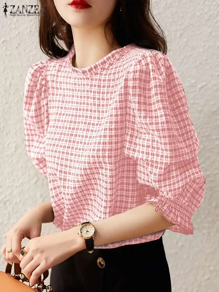 

Модная блузка ZANZEA с круглым вырезом, лето 2023, элегантные женские топы в клетку с принтом, повседневные рубашки с полурукавами-фонариками, офисные женские туники