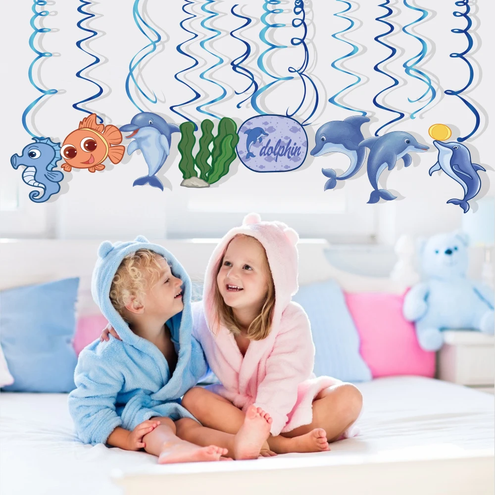 

30pcs Cartoon Dolphin Theme Ceiling Swirl Banner Decoration Hanging Spiral DIY Backdrop Wall Baby Shower Birthday Party Supplies