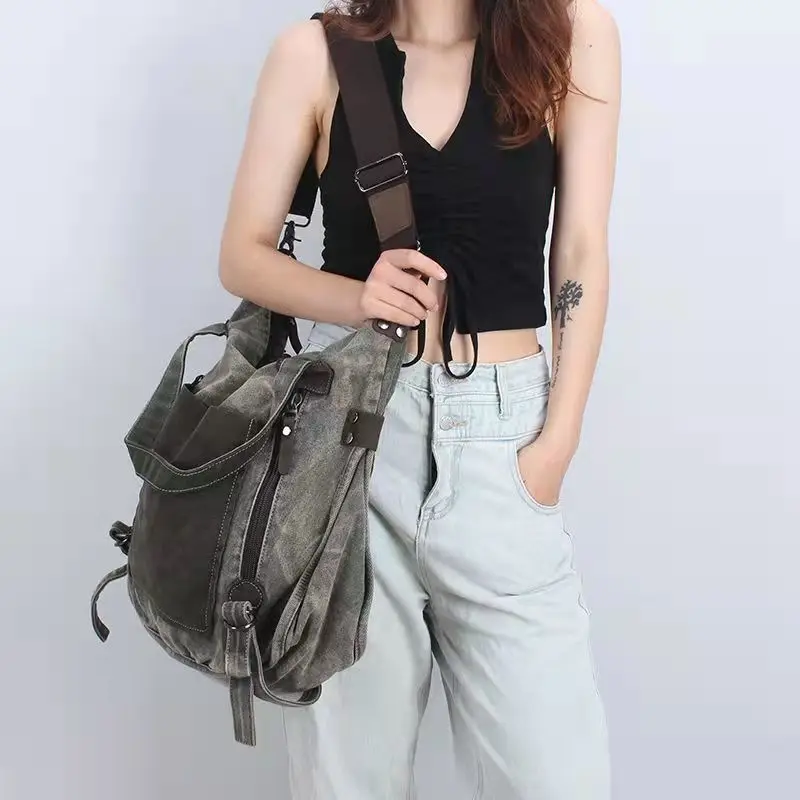 Large Capacity Canvas Womens Bag With Contrasting Color Stitching European And American Large Capacity Fashionable Retro Handbag