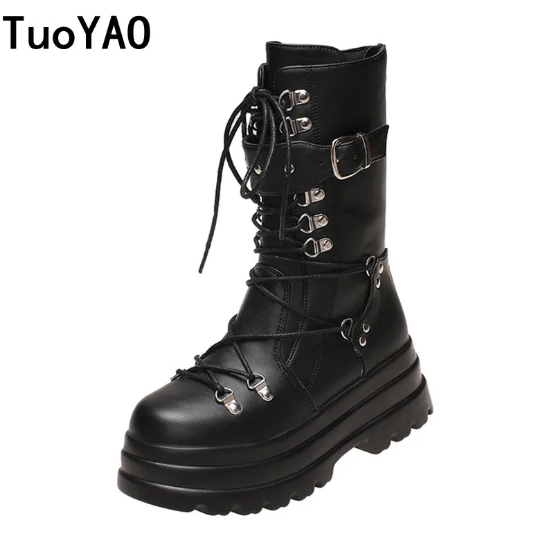 

Women Leather Chunky Ankle Boots New Autumn Buckle Motorcycle Boots 6.5CM Ladies High Platform Winter Sneakers Woman Black Boots