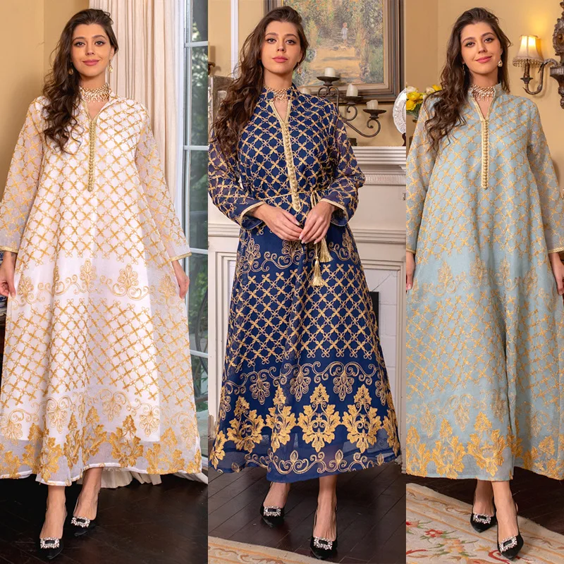 New Middle East Abaya Muslim Emobroidet Dress Dubai Saudi Women's Clothing with Belt Fashion Long-sleeved Party Gowns